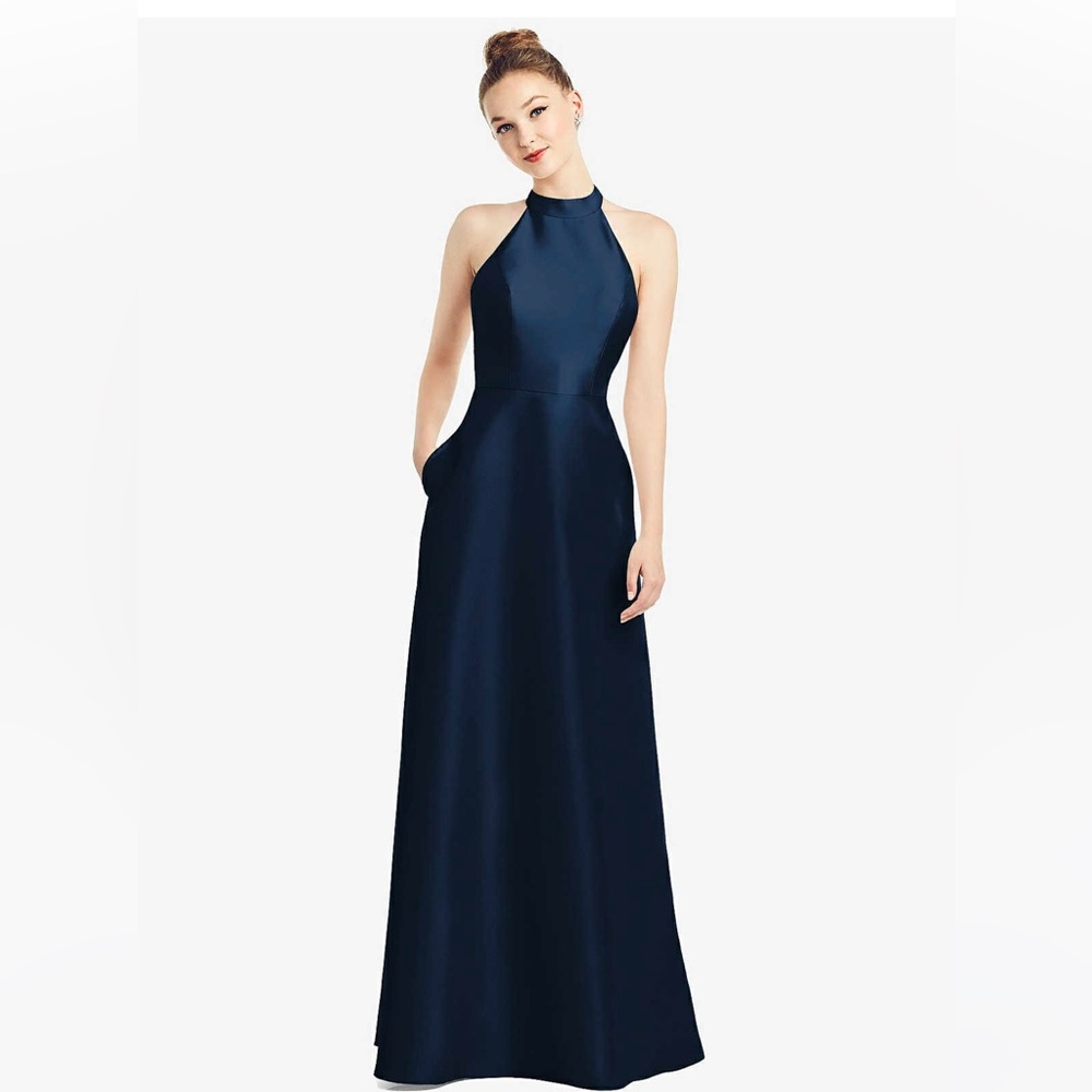 Alfred Sung Bridesmaids Dress: HIGH-NECK CUTOUT SATIN DRESS WITH POCKETS